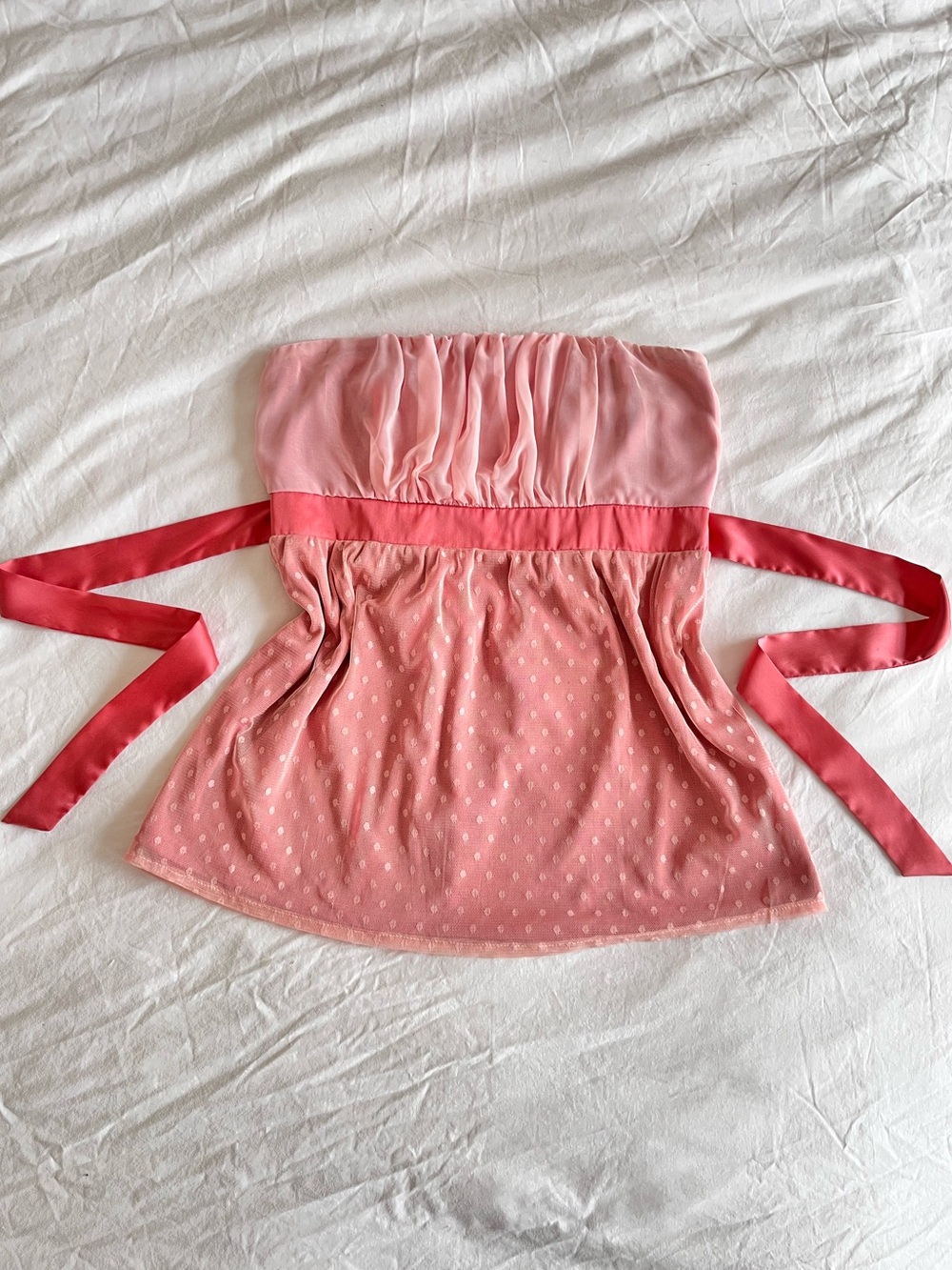 Y2K Pink Strapless Polka Dot Babydoll Top with Satin Ribbon Ties